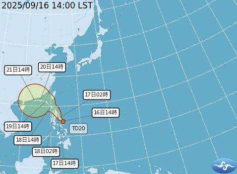 ▲▼熱帶性低氣壓TD20今天下午生成。（圖／氣象署提供）