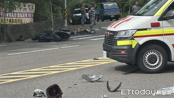 ▲台13線苗栗市南勢里下坡路段，今下午發生3車連環碰撞事故，釀成2名男騎士重傷送醫。（圖／記者許權毅攝）