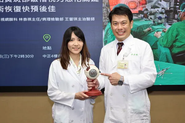 ▲▼林泰祺主任（右）、王蕾琪醫師合作研究發現，黃斑部皺褶中「膠質細胞」大量增生，是造成視力惡化的主因。（圖／台北榮總提供）