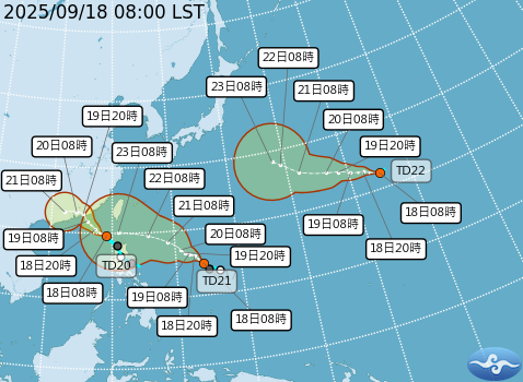 ▲▼熱帶性低氣壓TD20、TD21及TD22預計今、明天增強為輕度颱風「米塔」、「樺加沙」及「浣熊」。（圖／氣象署提供）
