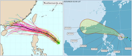 ▲▼最新(19日20時)歐洲(ECMWF)系集模式模擬「樺加沙」的動向(左圖)、與最新(20日2時)氣象署「路徑潛勢預測圖」類似(右圖)，系集模擬平均路徑，通過巴士海峽，個別模擬路徑則分散在兩側，顯示其動向的「不確定性」。（圖／洩天機教室）