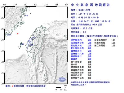 快訊／06:56台灣海峽規模5地震　最大震度2級