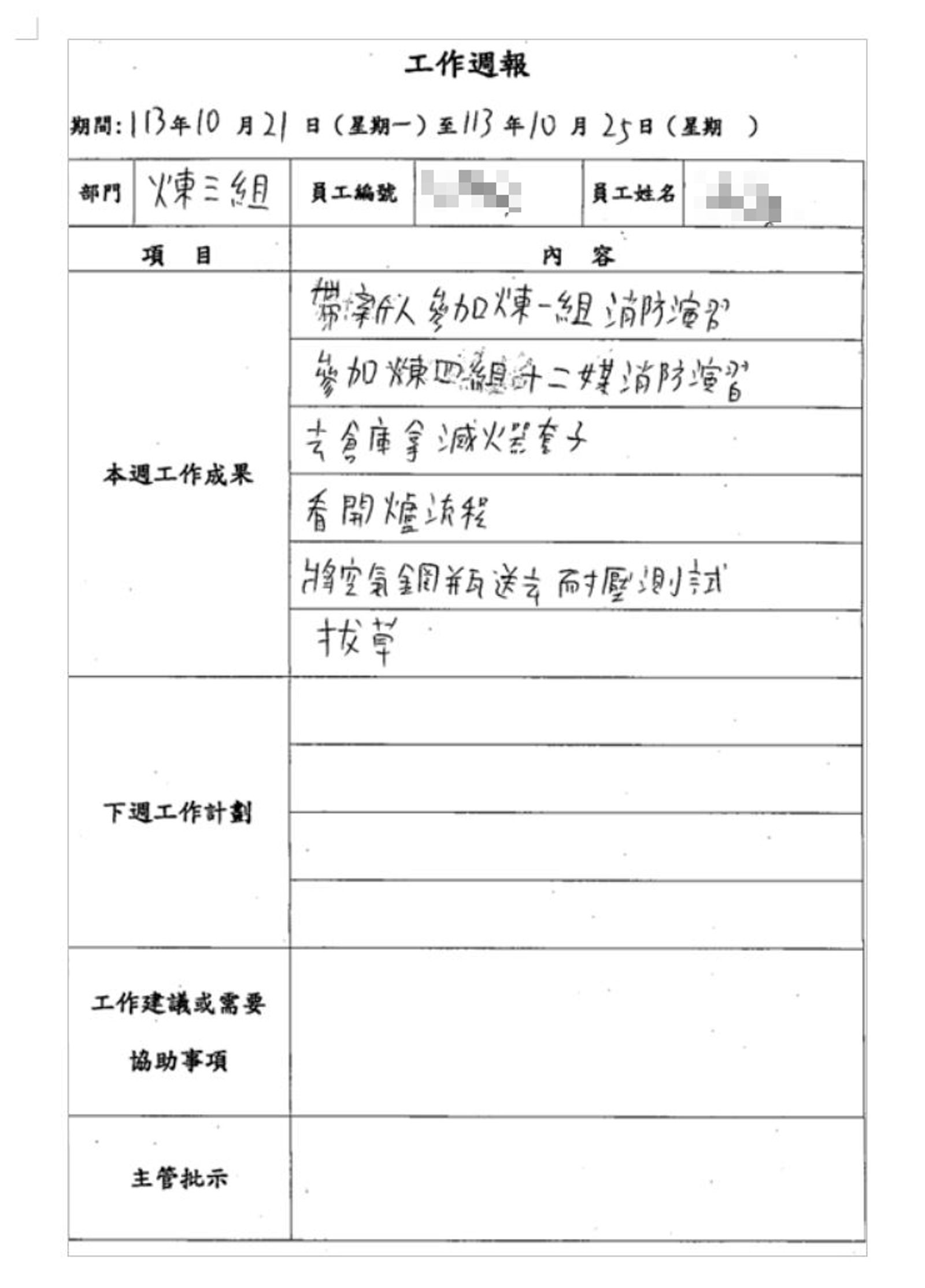 根據Ａ先生的工作週報顯示，他持續被主管要求拔除雜草。（讀者提供）