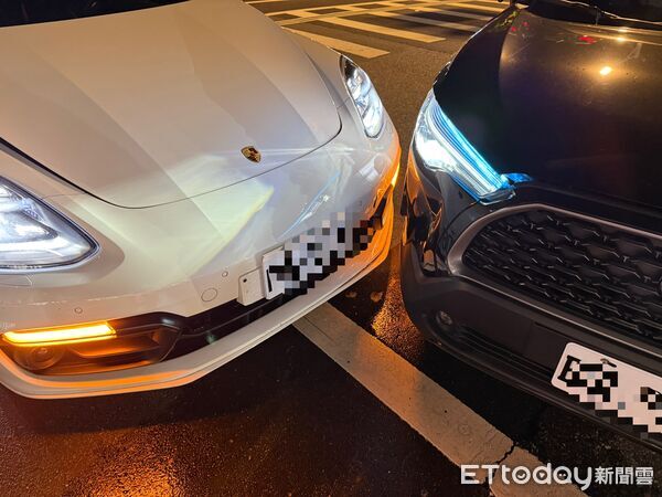 ▲20日晚間信義區發生休旅車迴轉與保時捷轎跑發生碰撞。（圖／記者張君豪翻攝）