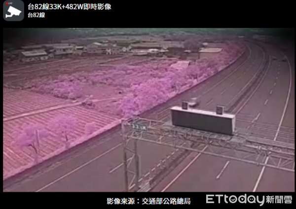 ▲▼嘉義台82線快速道路出現一片粉紅畫面。（圖／取自公路局即時影像監視器）