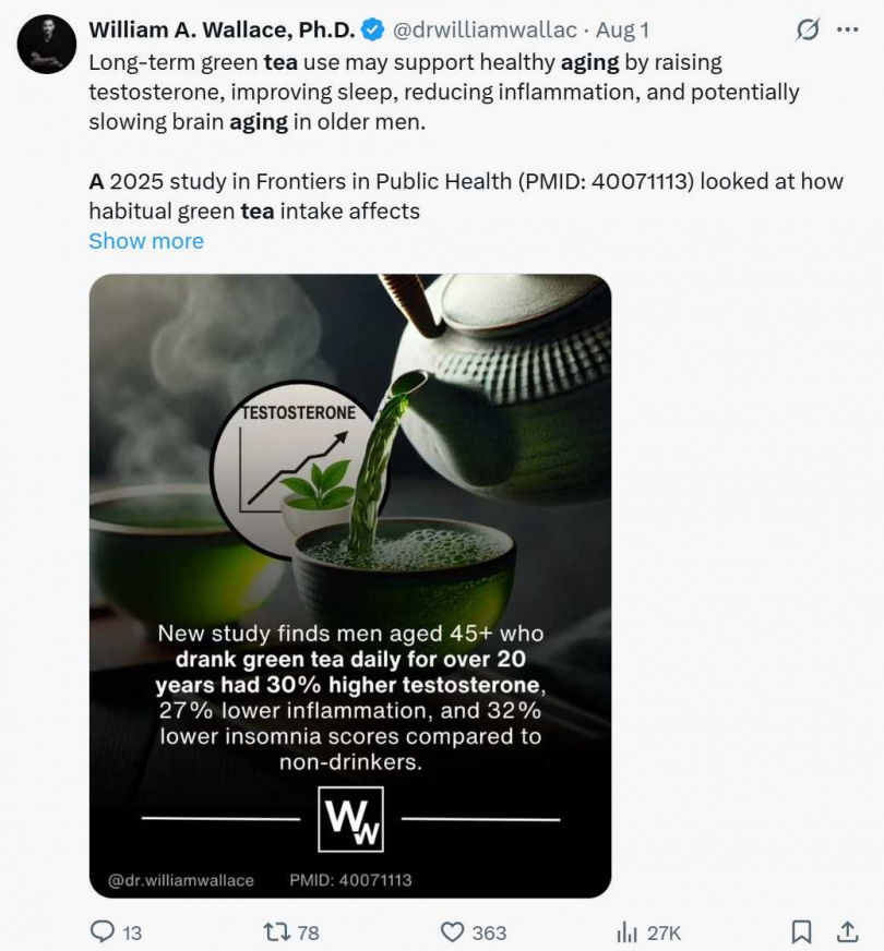 每天喝茶的人，其身體老化速度明顯低於無飲茶習慣者。（圖／擷取自X，@drwilliamwallac）