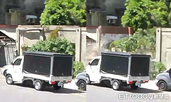 ▲疑似風力過強導致整片圍牆瞬間倒塌，直接壓在一旁汽車上。（圖／記者楊永盛翻攝）