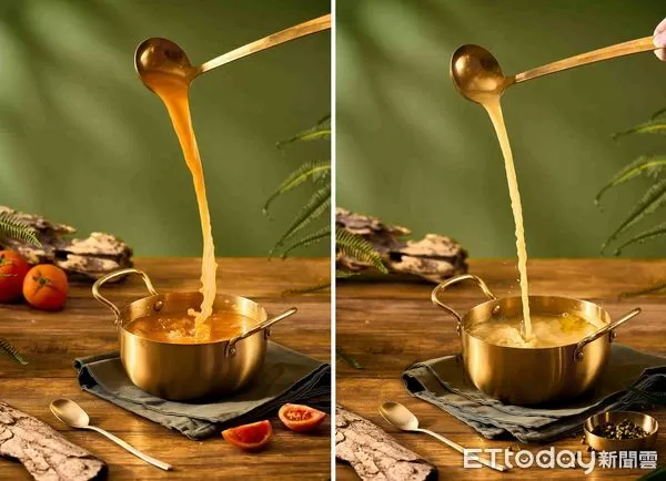 ▲賴山嶼有4款湯頭，上圖為青花椒雞白湯（右）、日光番茄濃湯（左）。（圖／業者提供）