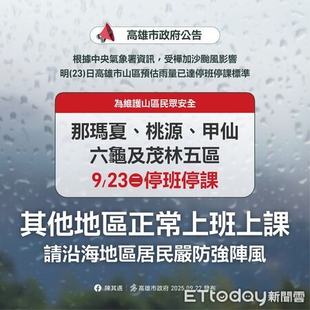 ▲▼樺加沙雨量達標！　高雄9/23「5行政區」停班停課。（圖／記者賴文萱翻攝）