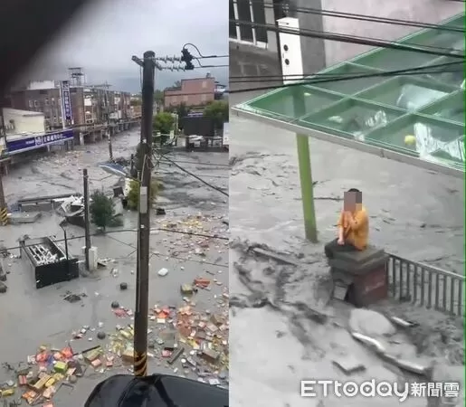 ▲樺加沙颱風襲台，花蓮馬路成河，許多汽車被洪水沖走。（圖／地方中心翻攝）