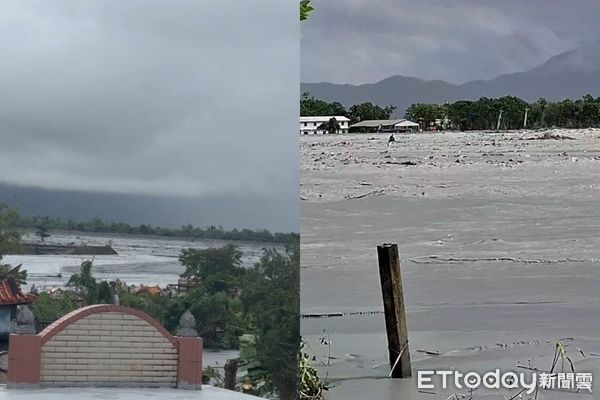 ▲馬太鞍溪上游堰塞湖24日再度溢堤，警消大喊往上跑。（圖／攝影中心）