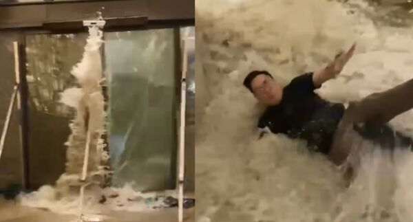 ▲▼樺加沙襲港　海水「沖破玻璃」灌入酒店！。（圖／翻攝臉書）