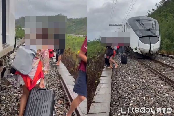 ▲▼ 台鐵列車撞擊落石出軌，400名旅客下車提行李走鐵軌。（圖／民眾提供）