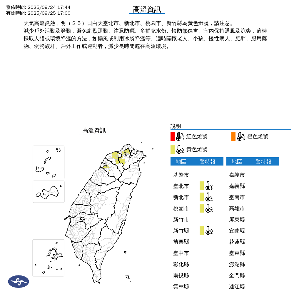 ▲▼高溫燈號。（圖／翻攝中央氣象署）