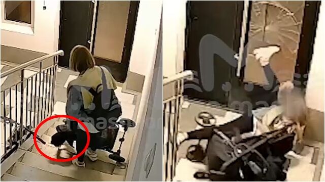 ▲▼醉母硬推嬰兒車走樓梯　寶寶慘遭狂甩撞電梯門。（圖／翻攝Telegram）