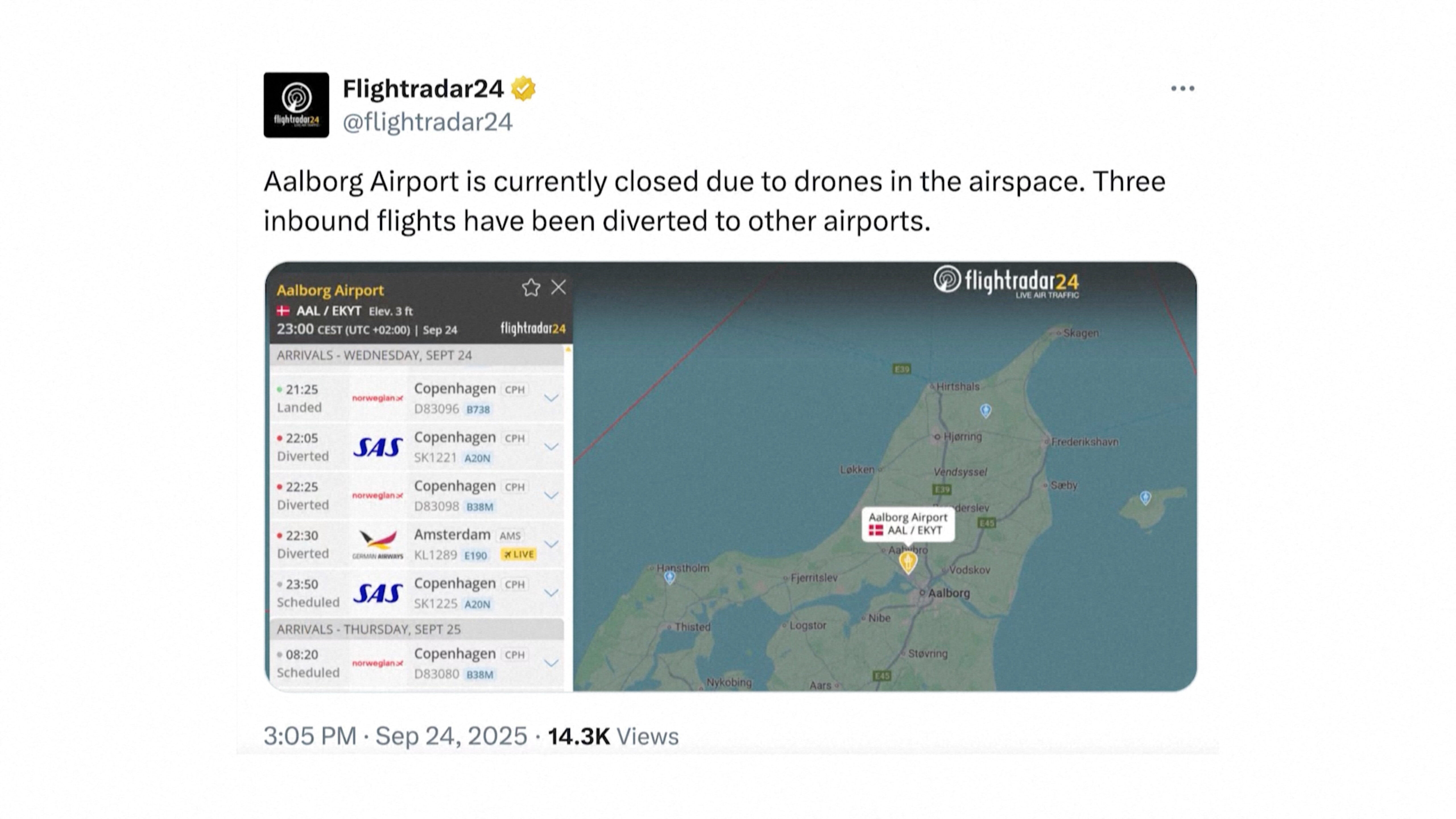 ▲▼ 丹麥阿爾堡上空出現移動光點，在此之際，阿爾堡機場因無人機事件關閉數小時。（圖／路透）