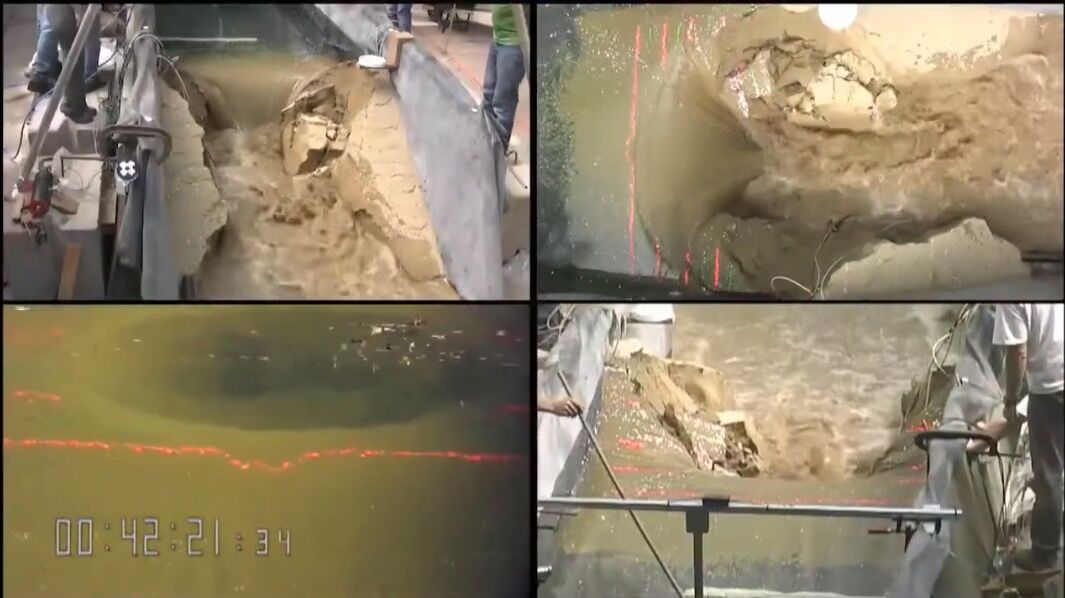 ▲▼國外網友模擬堰塞湖溢流狀況，43秒湖邊的土石就已經完全被沖垮。（圖／翻攝臉書／Carro Tsai）