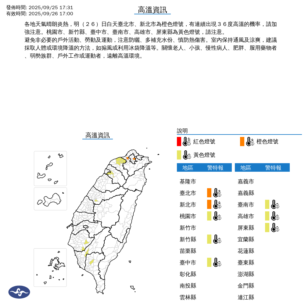 ▲▼高溫燈號。（圖／中央氣象署）
