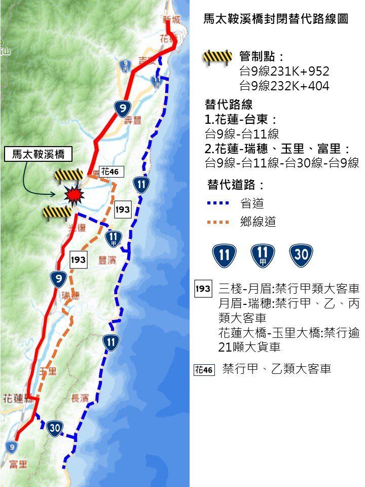 台9線馬太鞍溪橋封閉，替代路線圖。（圖／公路局東區養護工程分局）