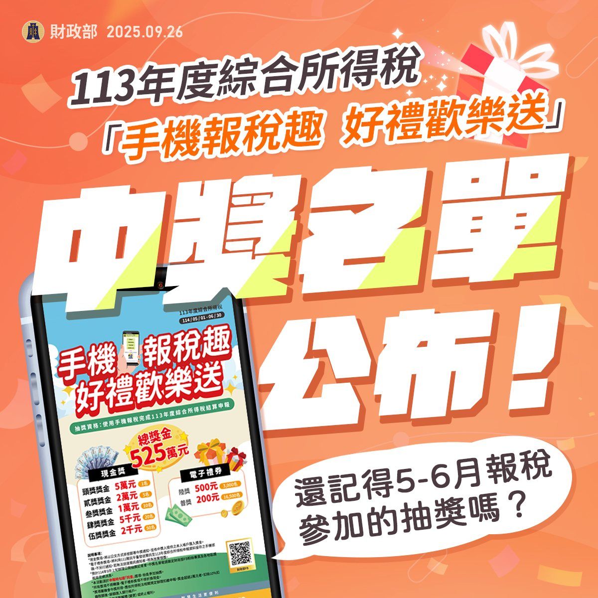 ▲手機報稅趣中獎名單出爐 。（圖／翻攝財政部臉書）