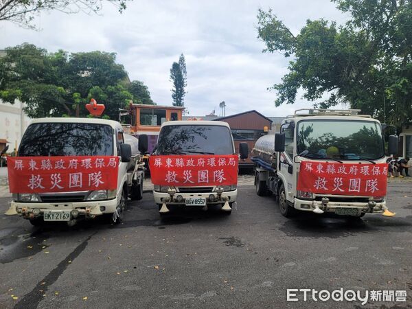▲屏東縣政府環保局4台洗街車參與花蓮救災。（圖／屏東縣政府環保局提供）