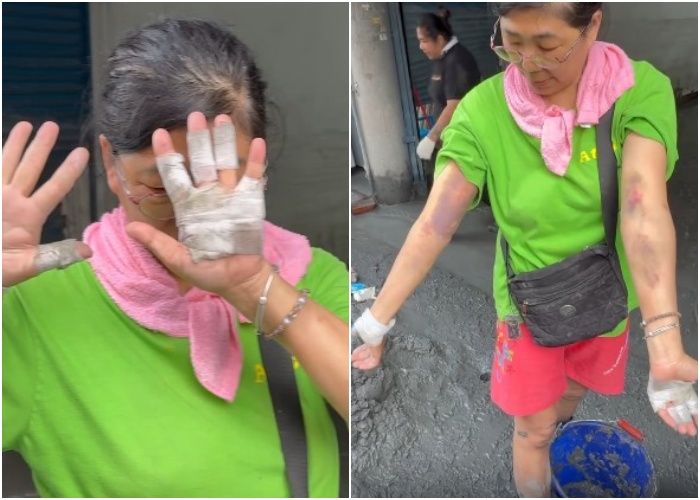 ▲▼阿姨爬破玻璃逃生，雙手瘀青仍樂觀清理家園。（圖／網友rose_lin1001提供，請勿隨意翻拍，以免侵權。）