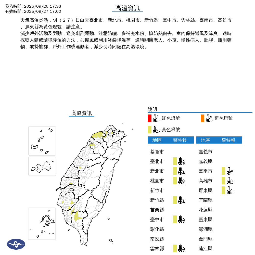 ▲▼高溫燈號。（圖／中央氣象署）