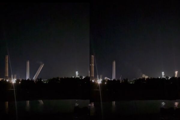 ▲▼苗栗通霄火力發電廠4號機組的煙囪進行拆除作業，發出巨響讓居民以為爆炸。（圖／翻攝臉書／通霄人（讚）出來）