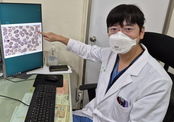 ▲▼新竹臺大分院內科部感染科邊建榮醫師說明，血液抹片檢查可看到紅血球內出現瘧原蟲，是確診瘧疾的重要依據。（圖／新竹臺大分院提供）