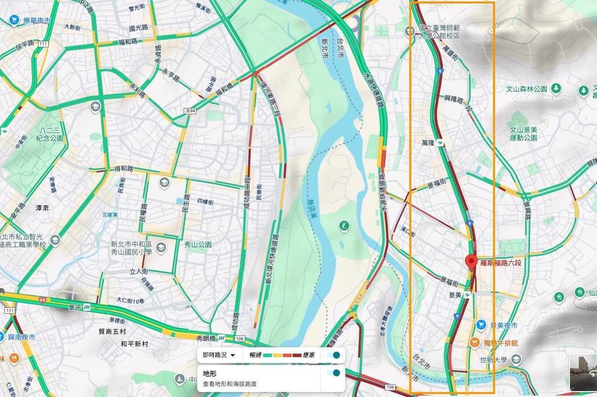 ▲▼Google Map即時路況顯示，羅斯福路從北新橋往台北方向就開始壅塞，一路到公館圓環。（圖／翻攝Google Map）