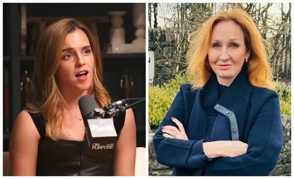 艾瑪華森（左）近日在節目上談到與JK羅琳（右）之間的爭議，羅琳對此回擊。（翻攝 Jay Shetty Podcast YouTube頻道／X@jk_rowling）