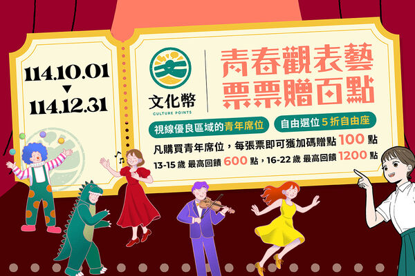 ▲▼文化幣青年席位加碼回饋，每張票再獲得100點。（圖／文化部）