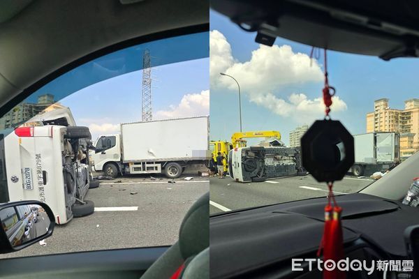 ▲國1高架追撞車禍，救護車翻覆畫面曝光。（圖／民眾提供）
