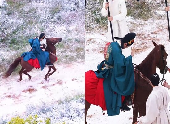 ▲丁禹兮拍戲險爆墜馬意外。（圖／翻攝自微博）