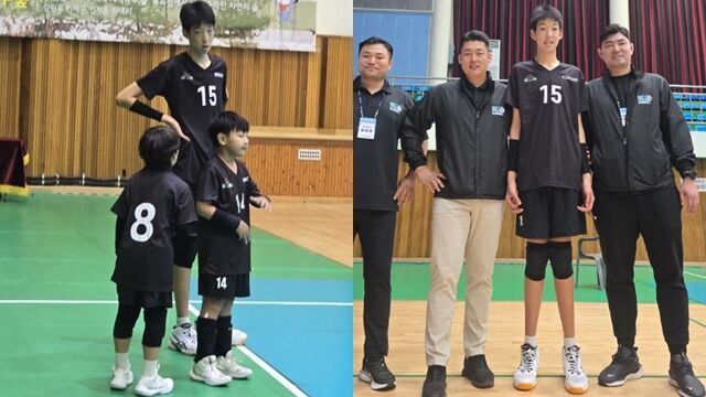 ▲▼就讀小學六年級的龍智勳，身高超過205公分。（圖／韓國小學排球聯盟）