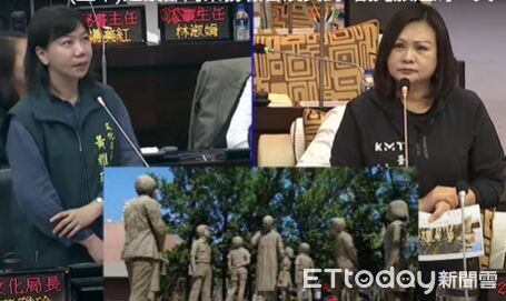▲國民黨台南市議會黨團痛批「承先啟後」雕像遭貼標籤，被迫移除封存。（記者林東良翻攝，下同）