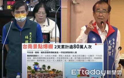 ▲國民黨台南市議會黨團痛批「承先啟後」雕像遭貼標籤，被迫移除封存。（記者林東良翻攝，下同）