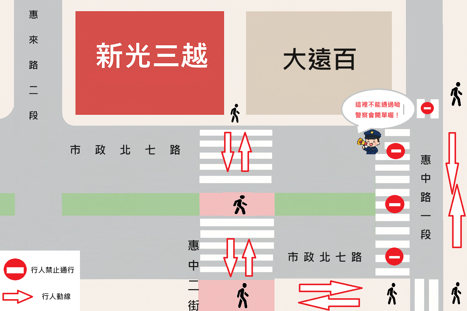 台中警六分局因應新光三越復業及大遠百周年慶人潮，10/4起假日禁止惠中路、市政北七路口2條行人穿越道通行，違者罰500元。（圖／警方提供）