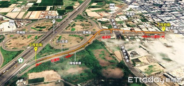 ▲新營交流道改善案獲行政院覈定，將興建高架匝道紓解長榮、復興路交通瓶頸。（記者林東良翻攝，下同）