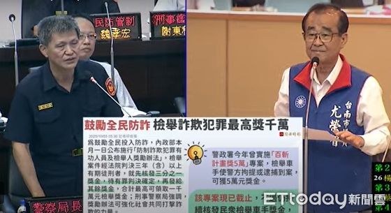 ▲台南市議會藍軍質詢警察局，追問毒駕快篩劑遲未下放分局。（記者林東良翻攝，下同）