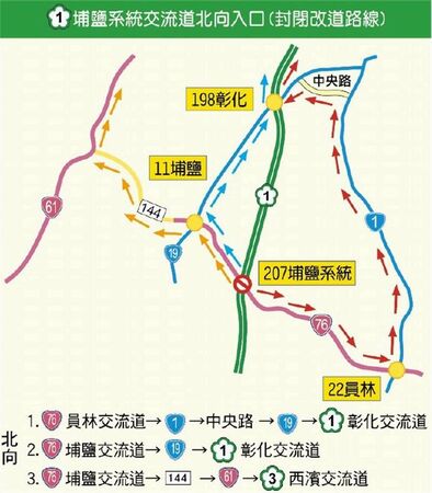 ▲▼埔鹽系統南北向入口封閉改道路線。           。（圖／警方提供）