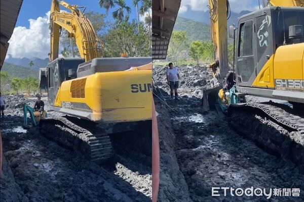 ▲▼小怪手困在淤泥堆裡，大怪手來救援。（圖／Threads網友317jta授權提供，請勿隨意翻拍以免侵權）