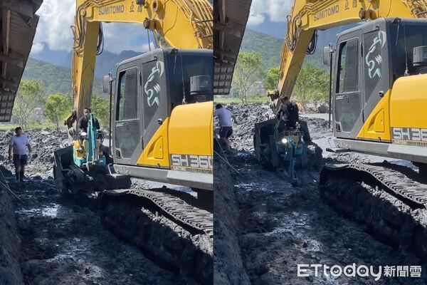 ▲▼小怪手困在淤泥堆裡，大怪手來救援。（圖／Threads網友317jta授權提供，請勿隨意翻拍以免侵權）