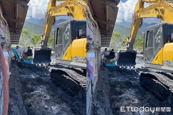 ▲▼小怪手困在淤泥堆裡，大怪手來救援。（圖／Threads網友317jta授權提供，請勿隨意翻拍以免侵權）