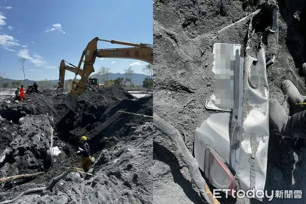 ▲怪手挖到砂石場老闆娘轎車，車內有一具遺體。（圖／記者王兆麟翻攝）