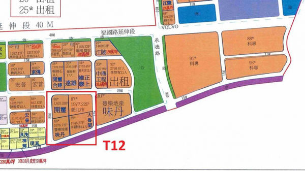攤開北士科地圖，T12由4個地號組成，須和一旁味丹90地號一起整合，才和T17、T18具有同等開發規模，不過T12街廓中就有超過40名以上地主，整合難度高。（圖／業者提供）