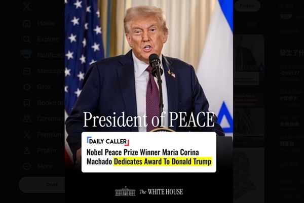 ▲▼諾貝爾和平獎得主「獻獎給川普」 白宮轉發：川普是和平總統。（圖／翻攝X@WhiteHouse）
