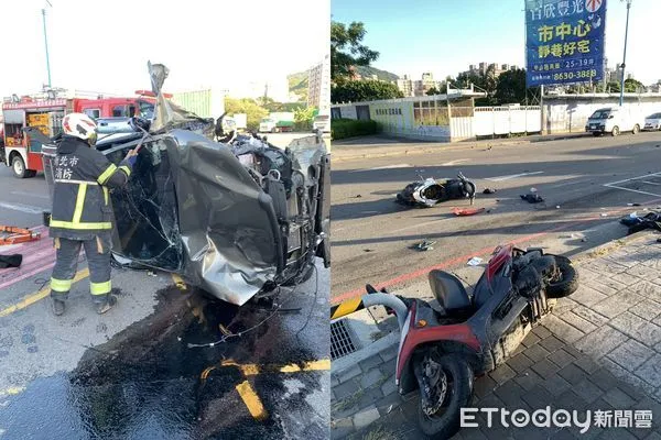 ▲八里汽車逆撞腳踏車，騎士失去生命跡象，還波及一旁停放的機車。（圖／記者陸運陞翻攝）