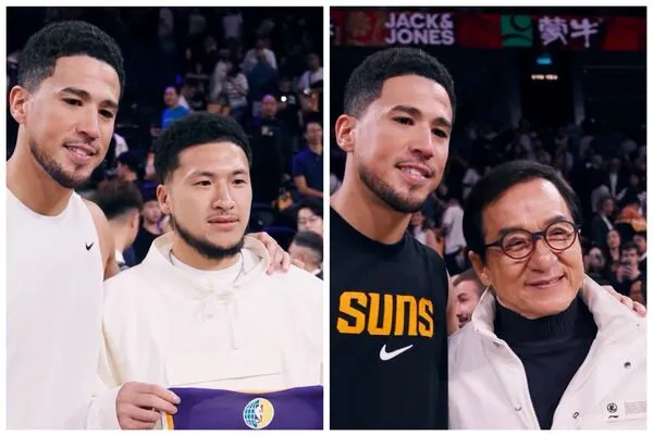 ▲太陽球星布克在澳門進行NBA海外熱身賽，與「中文布克」及成龍相見歡。（圖／取自IG）