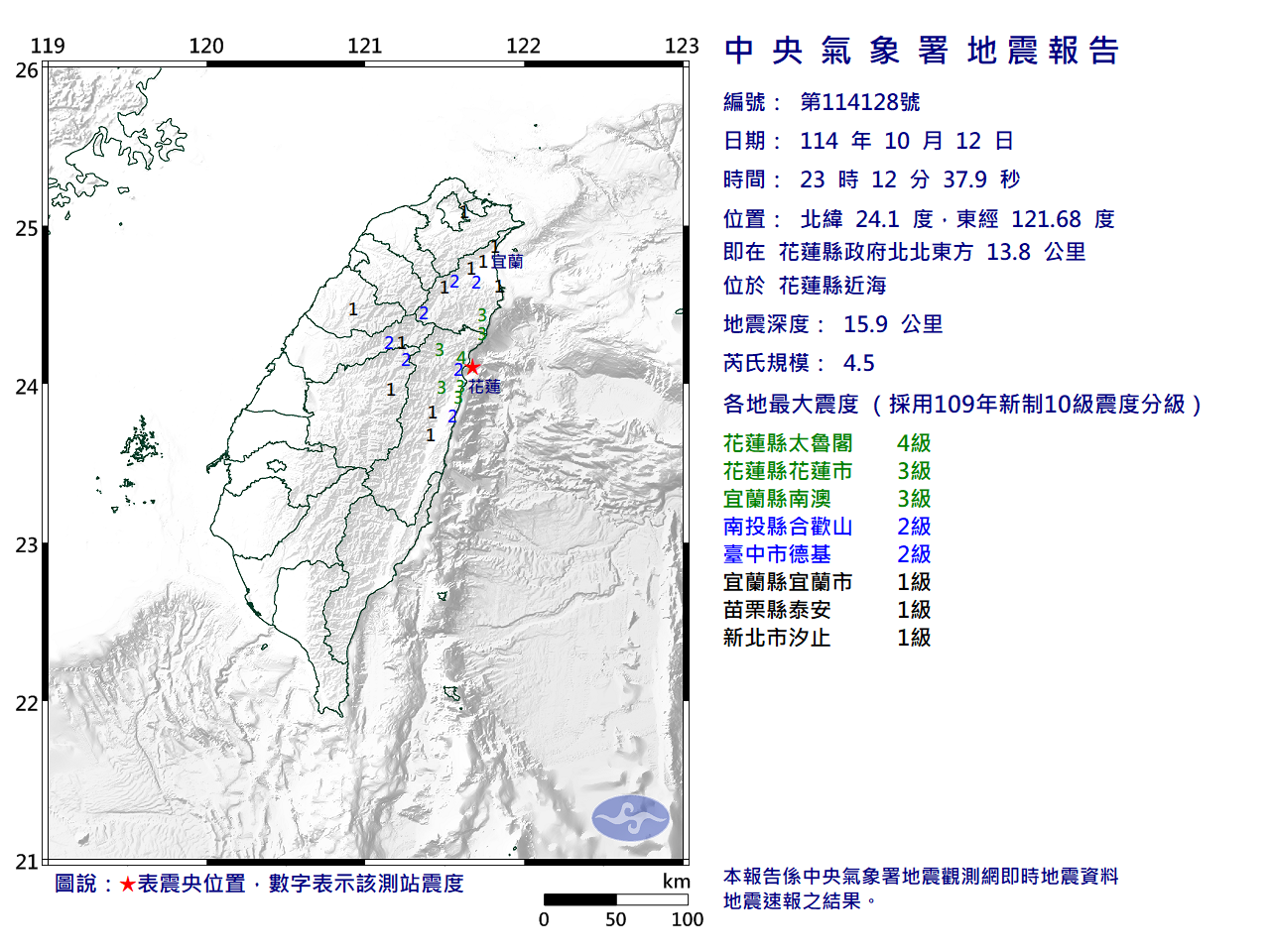 ▲▼10/12 23:12位於花蓮縣近海地震規模4.5
